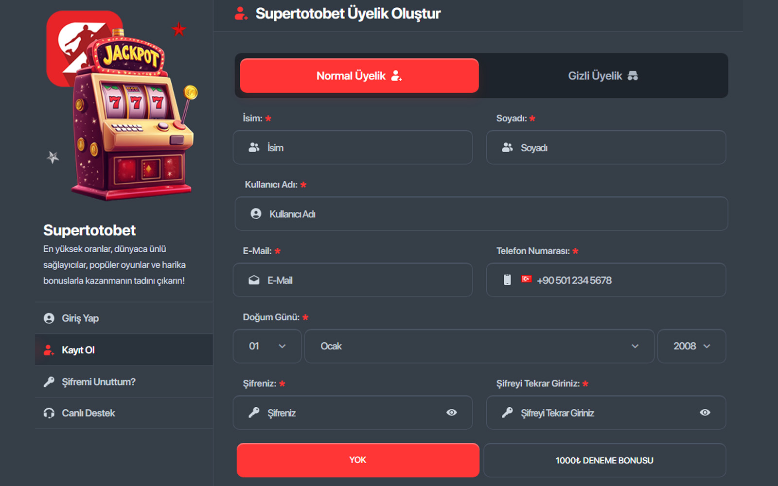 Supertotobet kayıt sayfasında güvenlik amacıyla eklenen basit doğrulama kodu alanının bulunduğu bölüm.