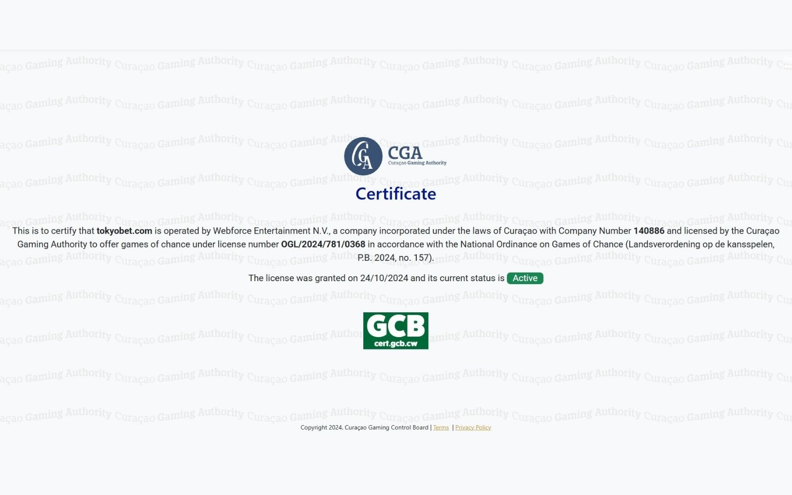 Tokyobet lisans ekranında farklı yasal uyarı paragrafı ve lisans başlıklarının bloklar halinde sıralandığı görünüm.