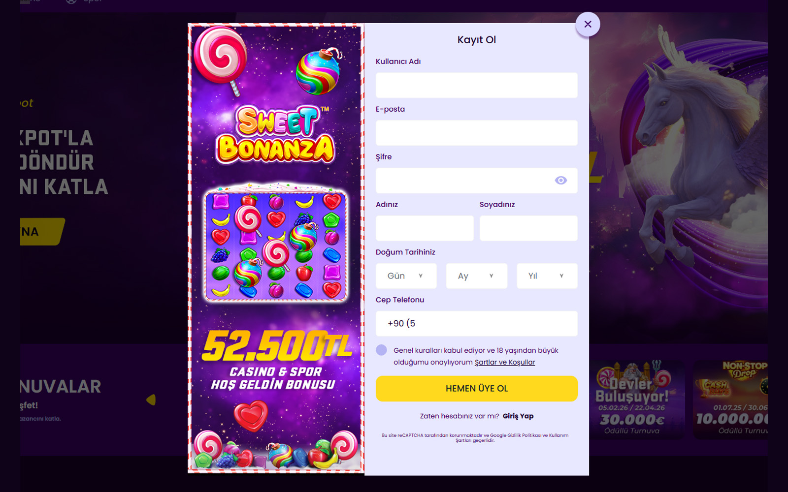 Trbet kayıt ekranında mobil numara doğrulaması için hazırlanan giriş alanlarının bulunduğu sayfa.