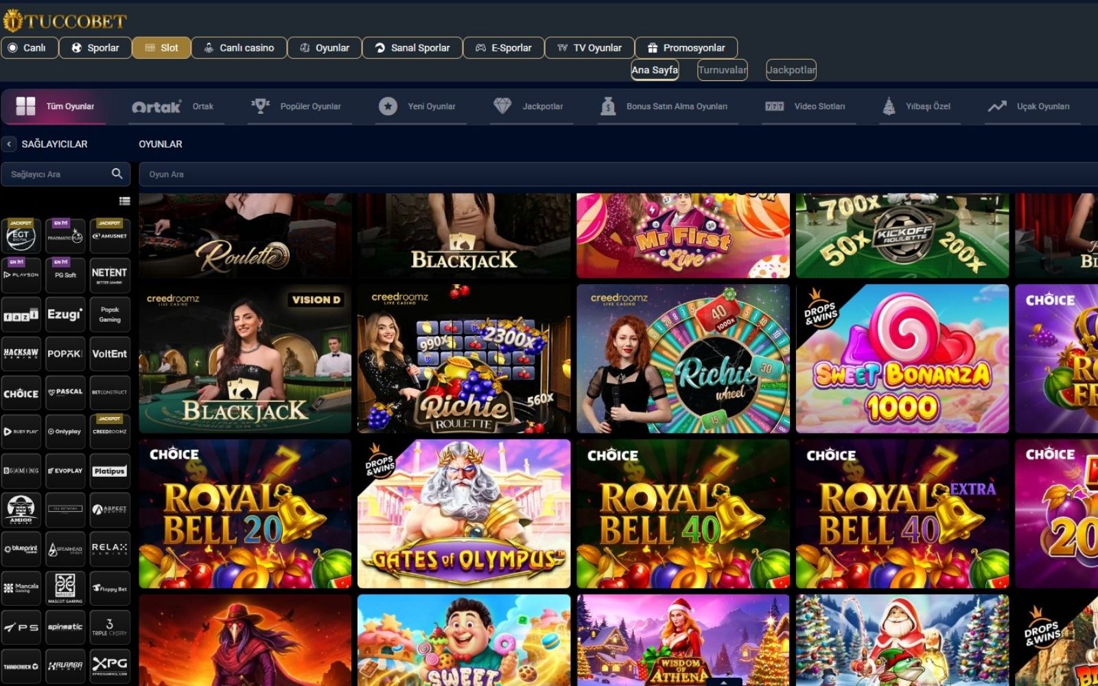 Tuccobet bonus ekranında casino oyuncularına özel yatırım bonus ve freespin paketlerinin gösterildiği arayüz.