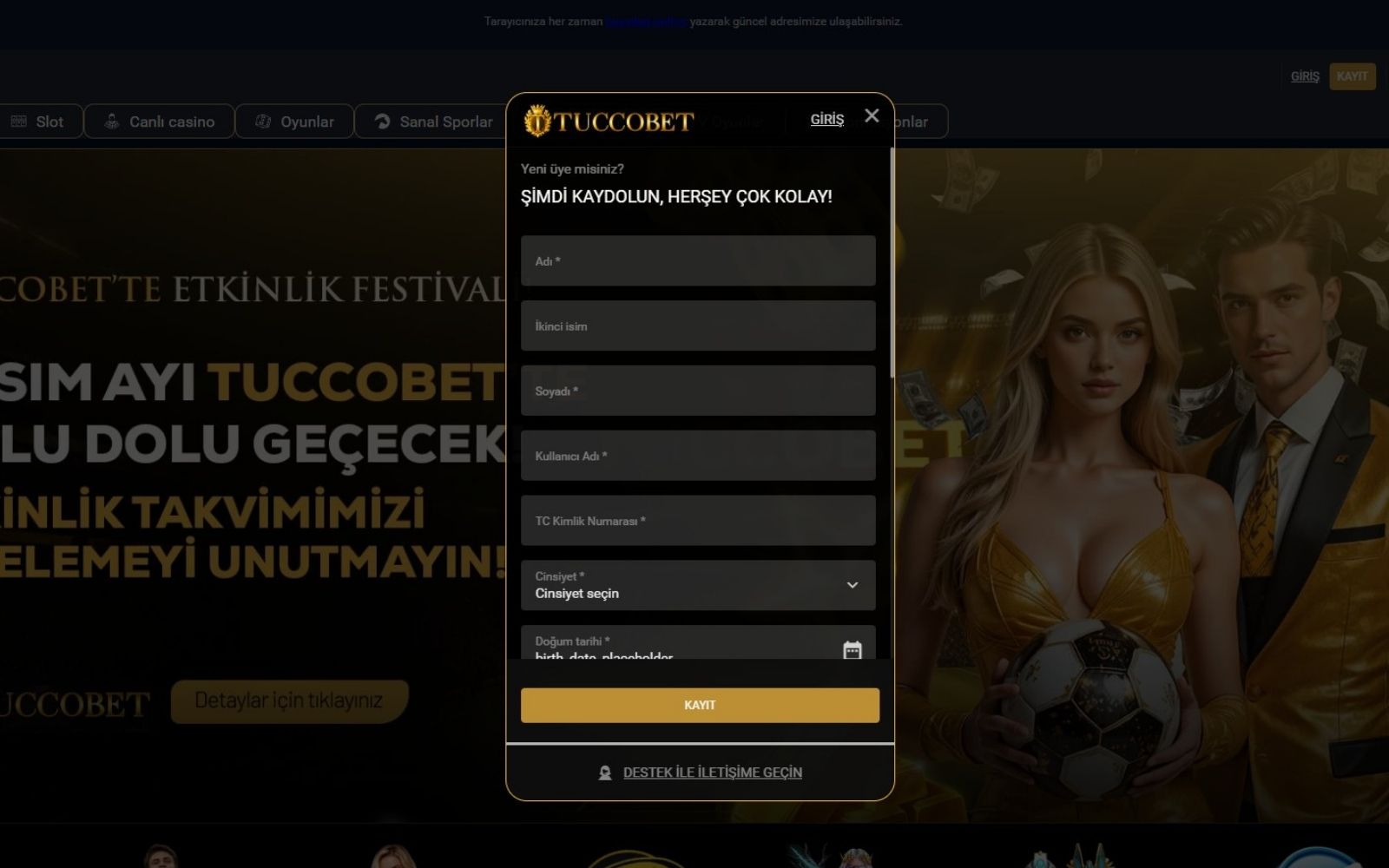 Tuccobet kayıt sayfasında tek adımda üyelik oluşturmaya odaklanan sade form tasarımı.