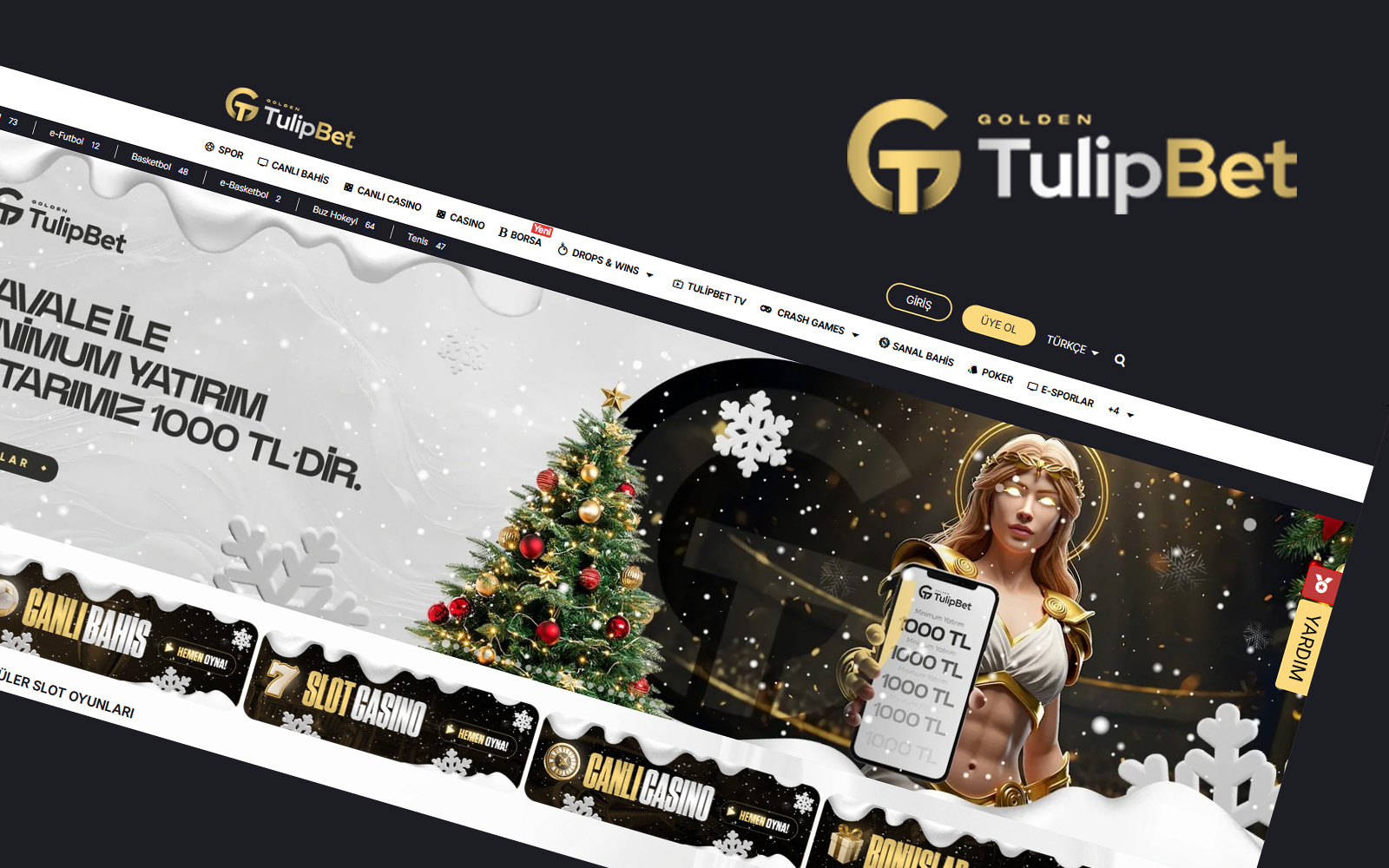 Tulipbet giriş anasayfasında yeni üye ol ve giriş butonlarının yan yana yer aldığı tasarım.