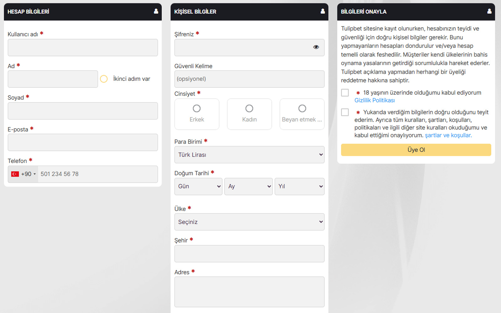 Tulipbet kayıt ekranında formu tamamla butonunun büyük ve dikkat çekici şekilde konumlandırıldığı sayfa.