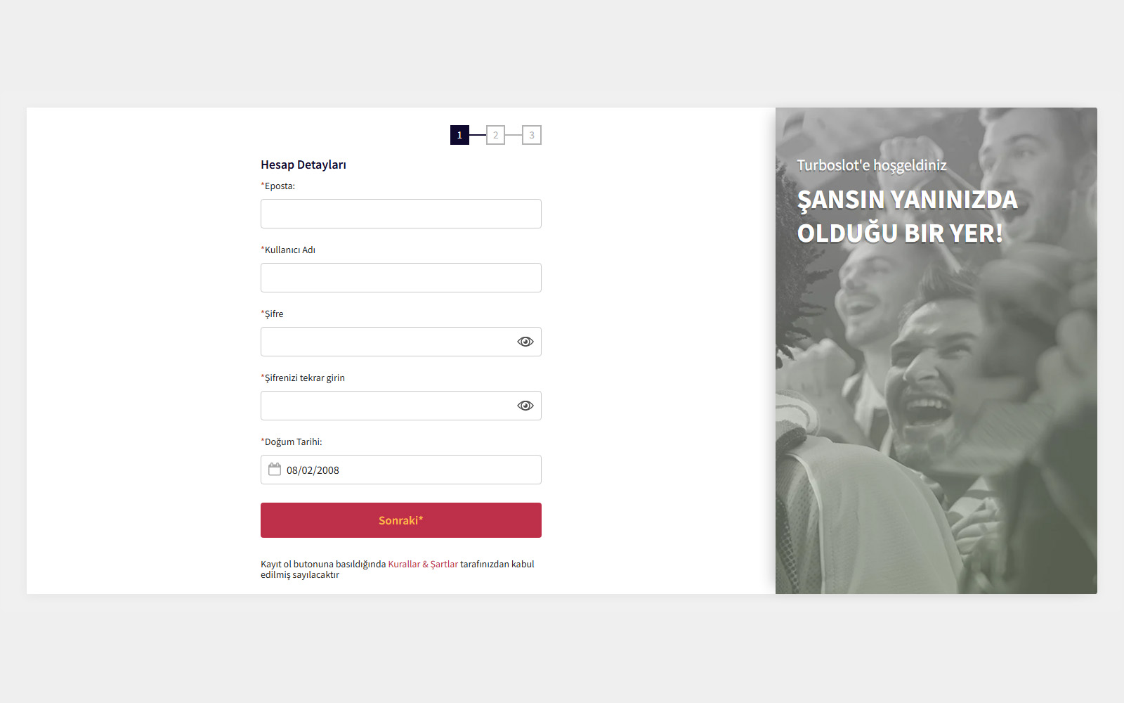 Turboslot kayıt ekranında kullanıcı sözleşmesi ve gizlilik politikası bağlantılarının alt satırda yer aldığı görünüm.