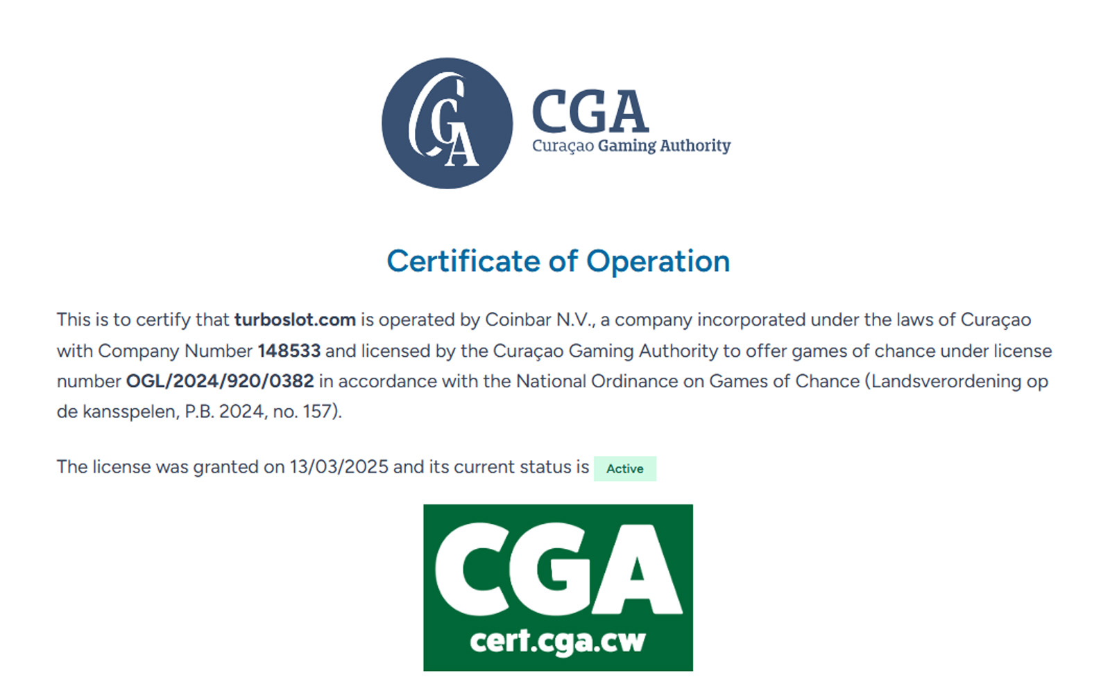 Turboslot lisans sayfasında alt kısımda telif hakları, üst kısımda lisans ve şirket bilgilerinin bulunduğu ekran.