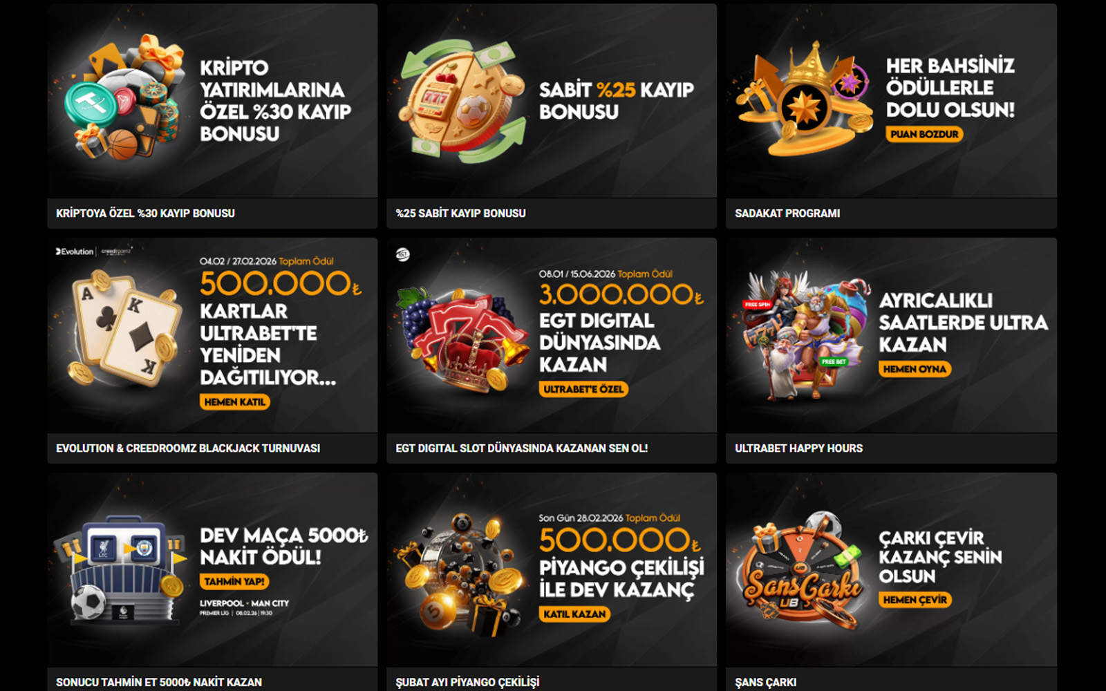 Ultrabet bonus sayfasında her kampanyanın yanında şartları incele butonu ve kısa özet metninin bulunduğu tasarım.