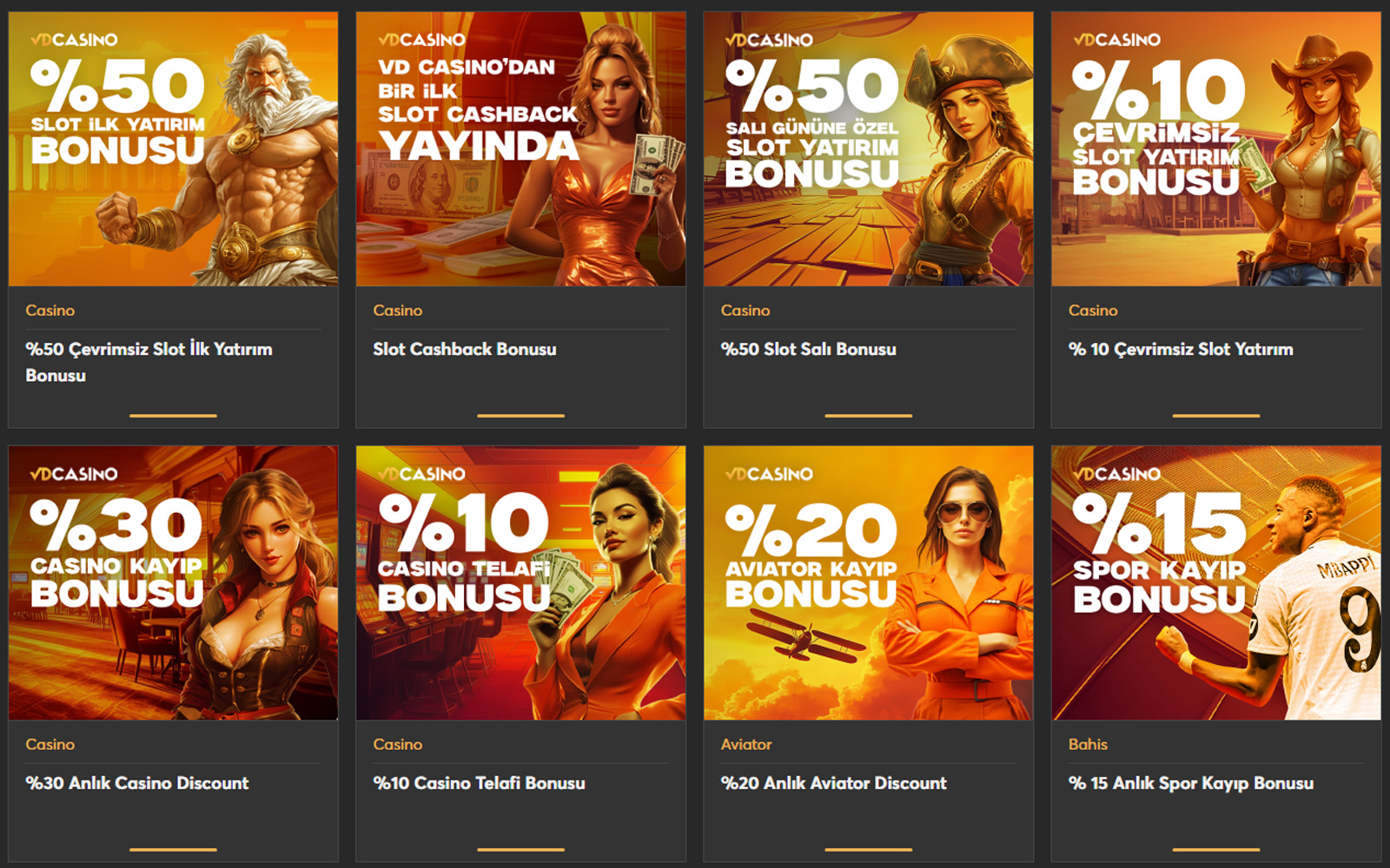 Vdcasino bonus sayfasında hem spor hem casino oyuncuları için ortak kullanılabilen genel yatırım bonus paketleri.