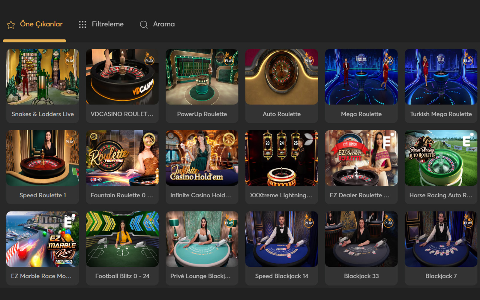 Vdcasino casino sayfasında üst menüde slot, rulet, blackjack ve canlı casino sekmelerinin yer aldığı tasarım.