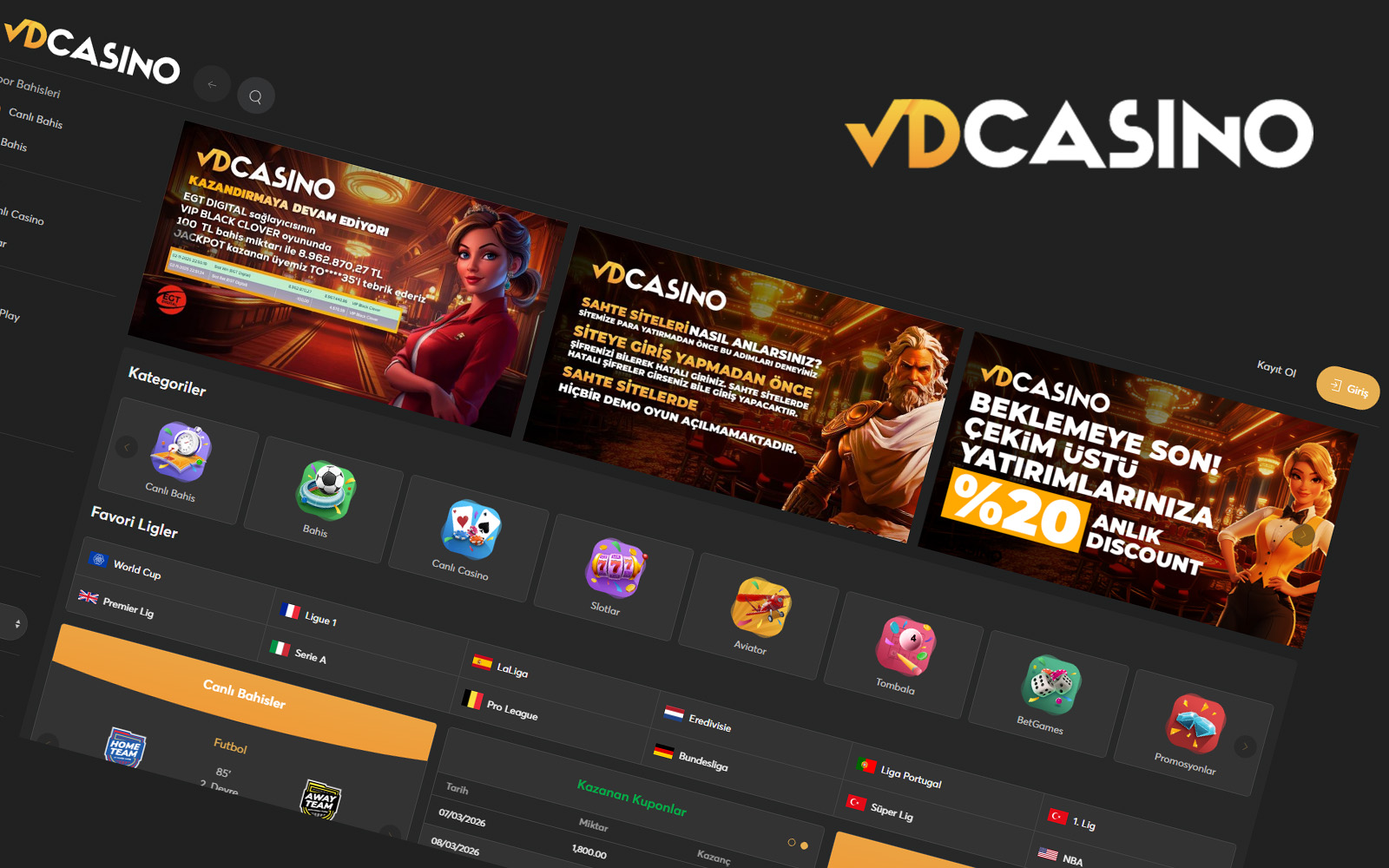 Vdcasino giriş sayfasında yeni kullanıcılar için dikkat çekici kayıt ol çağrısının bulunduğu ana ekran.