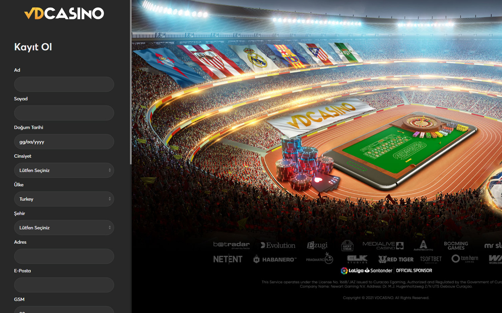 Vdcasino kayıt ekranında kullanıcı sözleşmesi ve gizlilik politikası bağlantılarının alt satırda yer aldığı görünüm.