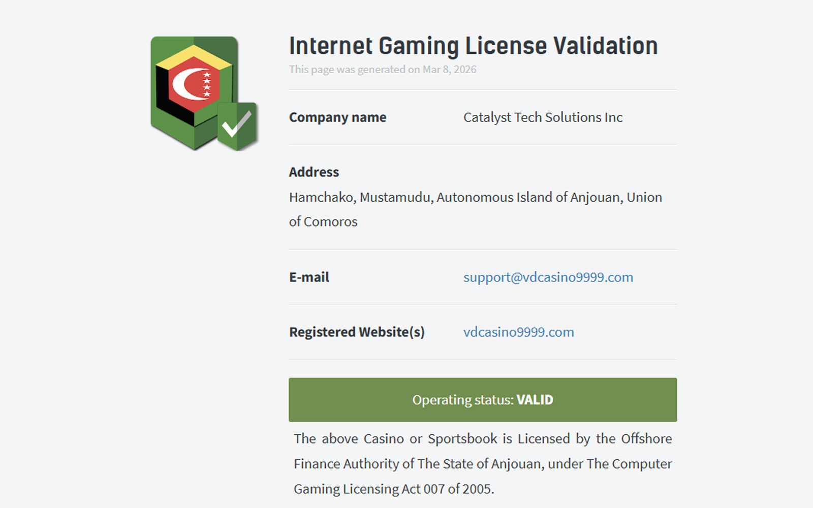 Vdcasino lisans ekranında oyun sağlayıcı firmalar ve bunların lisans ilişkisini özetleyen bilgilendirme alanı.