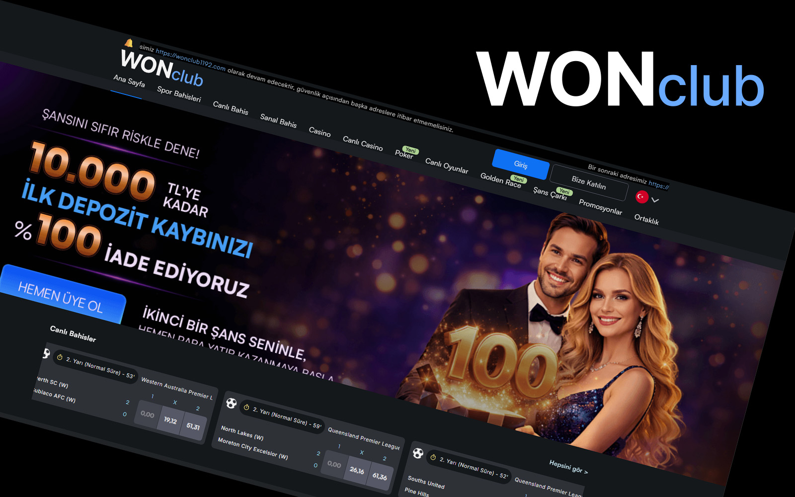 Wonclub giriş sayfasında üst kısımda dil seçenekleri, giriş paneli ve yardım bağlantılarının yer aldığı arayüz.