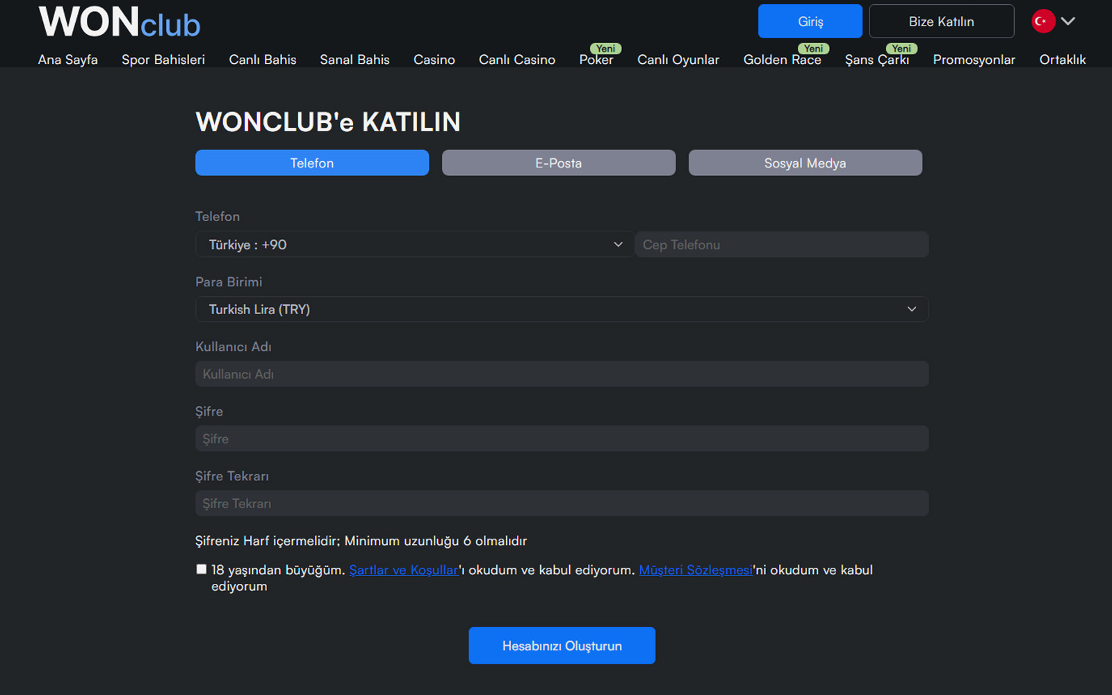 Wonclub kayıt sayfasında yeni üyeler için hızlı kayıt vurgusu yapan bilgilendirme metinleri.